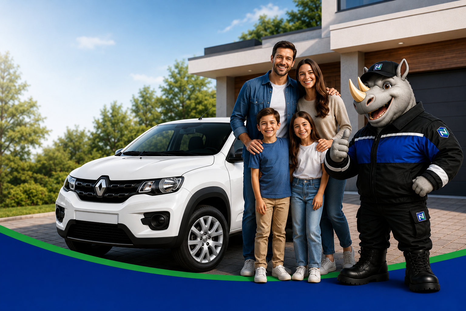 Família protegida ao lado do carro com o mascote Neo Porto
